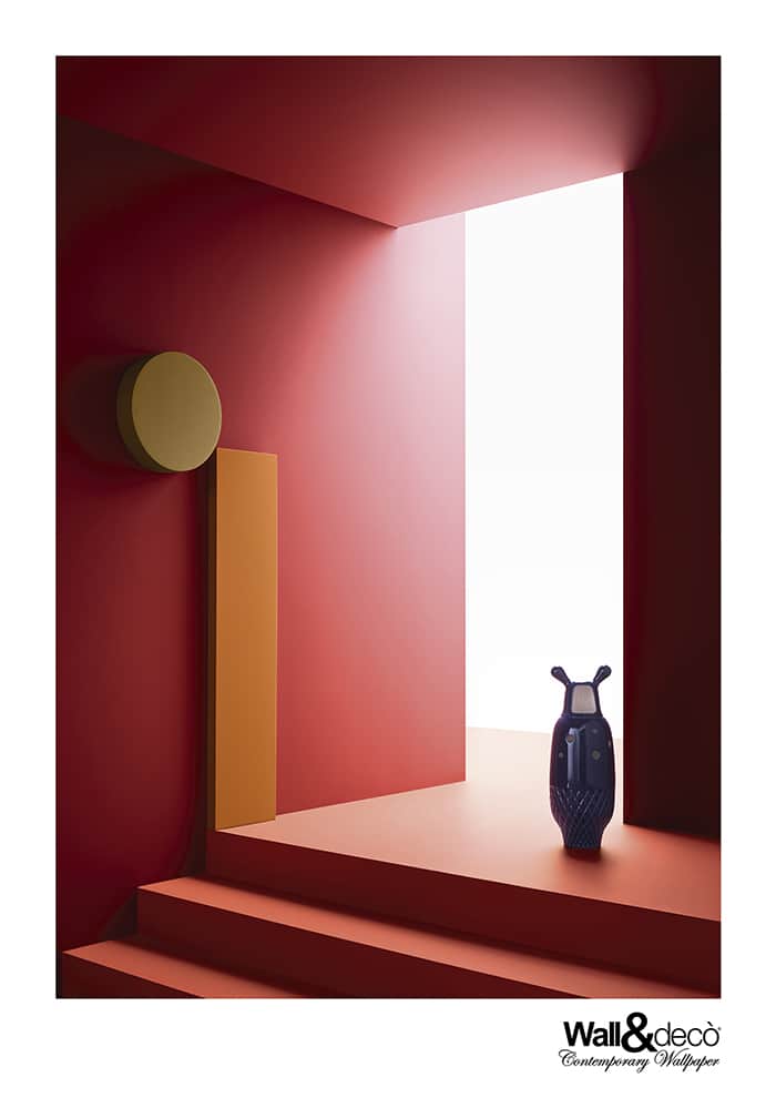 Palette de peintures autour du rouge vif, orangé et mordoré. Design Christian Benini. ©Wall&Decò
